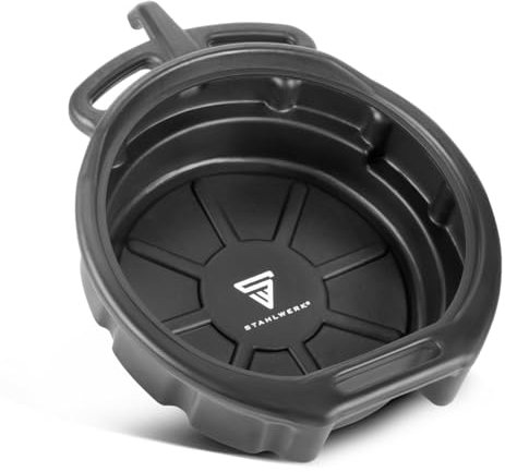 STAHLWERK Ölauffangwanne mit Abfüllstutzen 10 l | Flache, runde Auffangwanne | Ölwanne | Ölwechselkanister | Kunststoffwanne | Ölauffangbehälter aus Kunststoff für Kfz-Ölwechsel