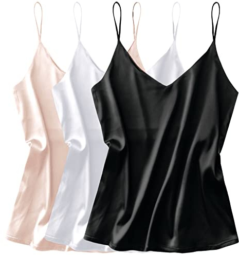 Ekouaer Womens Silk Satin Tank Tops V Neck Casual Cami Sleeveless Camisole Blouses Summer Basic Tank Shirt L