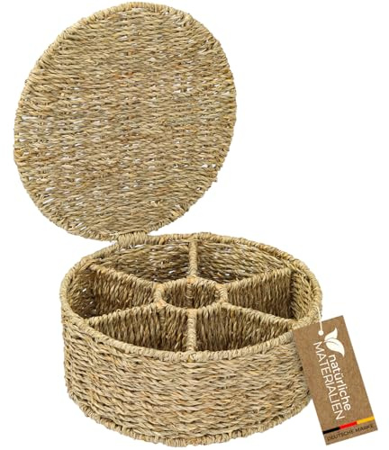 HMF Porta Tisane intrecciato da alghe marine, porta bustine the e tisane | 7 grandi Scomparti | 27 x 27 x 11 cm