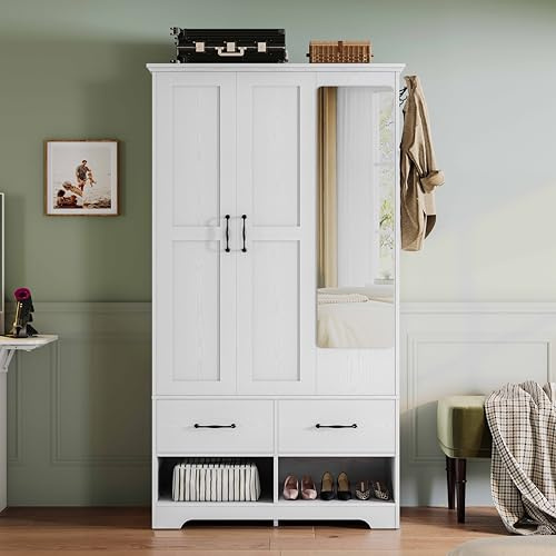LIKIMIO 3 Doors Armoire Wardrobe Closet with Mirror, 2 Shoe Racks, 70 H Wooden Bedroom Armoires with 2 Drawers and Adjustable Shelves, Freestanding Closet Storage Cabinet with Hanging Rail, White