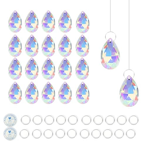 Lot de 20 Attrape-Soleil en Cristal, 38 mm, à Suspendre, avec 20 Anneaux en métal, Prisme en Goutte, Boule de Cristal Transparente pour fenêtre, Lustre, Jardin, décoration de Mariage