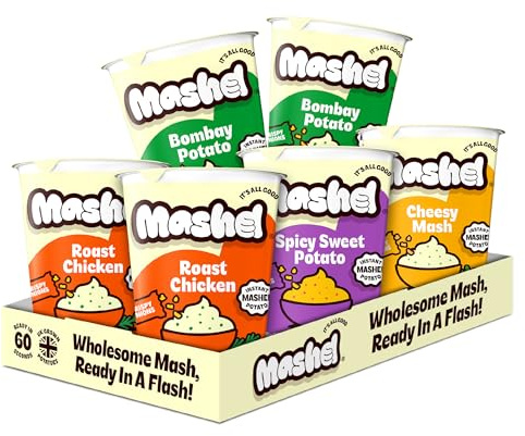 Mashd Variety Pack Mash Potato Pot - Pack of 6 x 60g - Cheesy, Roast Chicken, Bombay & Sweet Potato - Instant Meal In One Minute, Just Add Hot Water