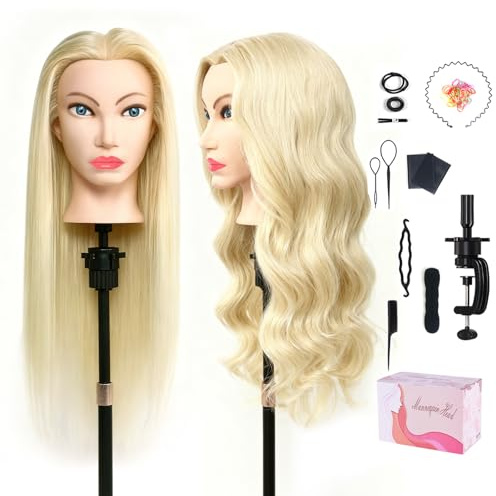 Hårhuvud äkta hår 80 %, 66 cm/26 tum frisyrhuvud, sminkdocka för styling långt hår, frisörhuvud barn, övningshjälp frisör med fläthjälpmedel och hållare, krämvitt hår + blå ögon