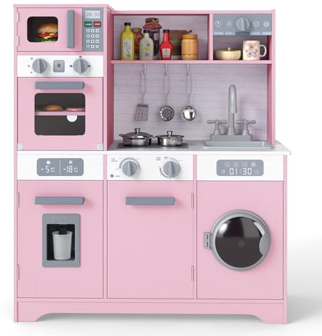 Maxmass Wooden Kids Toy Kitchen, Toddler Play Kitchens with Light, Sound, Microwave, Sink, Washing Machine, Water Dispenser, Coffee Maker, Utensils, Children Pretend Kitchen for 3+ Years Old (Pink)