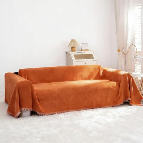 YFNVH Jeté de Canapé en Chenille Orange 180x340 cm, Plaid Canapé Grande Taille avec Franges, Couverture de Sofa Douce et Lavable, Protège Canapé 3 Places, Anti-Poussière