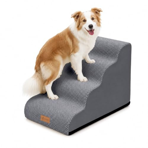 vounot® Escalier pour Chien et Chat à 4 Marches en Mousse Haute Densité Antidérapante Déhoussable Lavable Rampe pour Chien Accès Canapé Lit pour Animaux Âgés ou Blessés avec Poignée Gris