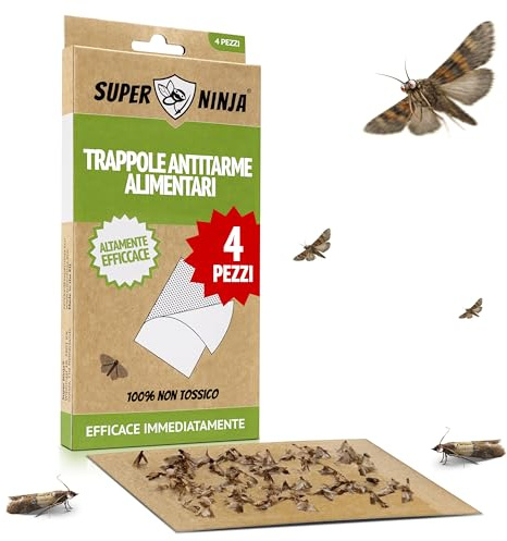 Super Ninja Trappole Antitarme Alimentari per Cucina e Dispensa, 4 Pezzi | Anti Farfalline del Cibo con Feromoni, Cattura Farfalline, Superficie Ultra Adesiva, Dorso Autoadesivo, Senza Odore