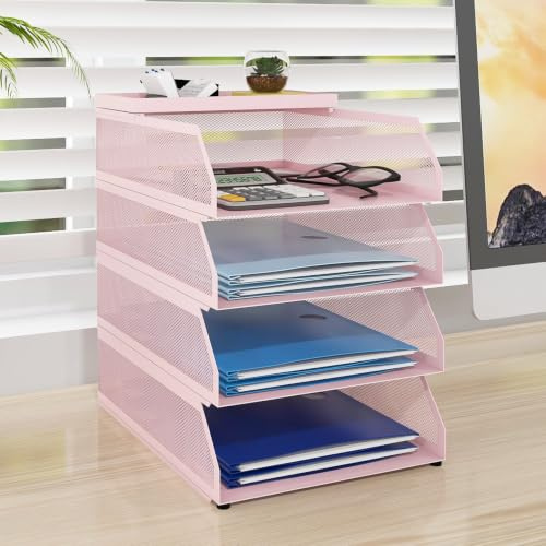 PUNCIA 4 Tiers Office A4 Paper Storage Organizer Letter Tray File Holder | Desktop Mail Letter Rack & Stackable Support Desk Tidy Document Notebooks Storage Rack for Home Office School Pink