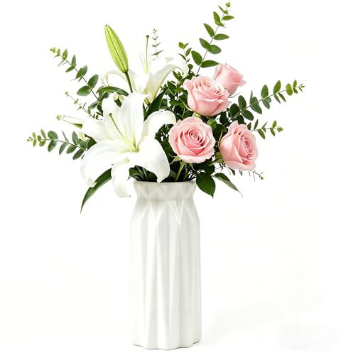 DDUP Unbreakable Plastic Flower Vases, Nordic Geometric Origami Decorative Vases with Ceramic Texture, Modern Desktop Vases for Dried & Fresh Flowers, Home Kitchen Office Wedding Decor (White)
