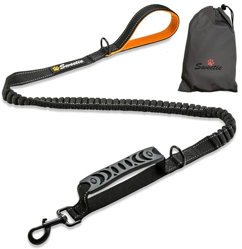 Sweetie Bungee Dog Lead Shock Absorber - Strong Leash 4FT to 5.6FT Long with Soft Padded Handle & Traffic Handle - Reflective Anti Pull Leads for Walking Medium and Large Dogs. Black