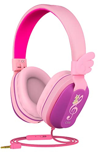 Riwbox CS6 - Cuffie stereo per bambini, leggere e pieghevoli, con cavo e funzione di condivisione con microfono e controllo del volume, compatibili con iPad/Phone/Kindle/computer/tablet Purple&Pink
