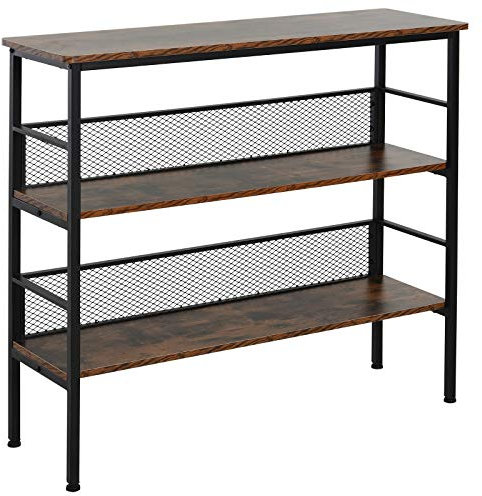 HOMCOM 3-Tier Storage Display Shelf, Industrial Bookshelf with Adjustable Feet, Metal Frame Shelving Unit for Study, Living Room, Kitchen, Rustic Brown and Black