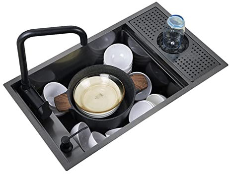 Lavello da cucina, lavello a vasca singola in acciaio inossidabile nero, lavello per postazione di lavoro sottopiano con rubinetto pieghevole e sciacquatrice in vetro, per bar, cucina, ristorante, caf
