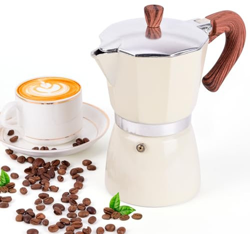 JingleChoo Moka Pot 300ml-6 Cups Espresso Maker, Italian Stovetop Coffee Makers Percolator, Aluminum, Easy To Use & Clean, Camping Home Use | White | for Mocha Cappuccinos, Lattes
