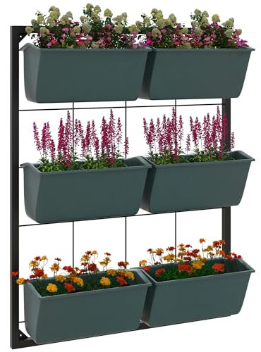 Outsunny Fioriera da Esterno Verticale a 3 Livelli, 6 Vasi per Piante da Esterno in Plastica con Fori di Drenaggio, Portavasi da Appendere per Fiori ed Erbe Aromatiche, 52x14x66 cm, Verde Scuro