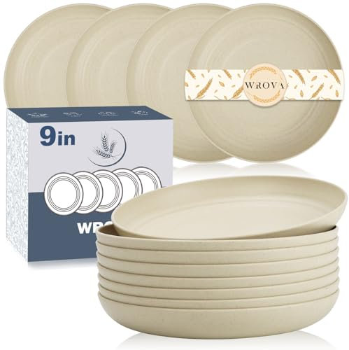 Wrova Plastic Dinner Plates Set of 8-Unbreakable Plate 9 Inch, Dishwasher & Microwave Safe Plates - Reusable Lightweight Plate for Kitchen & Outdoor(Beige)