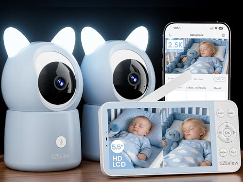 CZEview 5,5 2.5K Baby Monitor Video e Audio, Luce Notturna & Musica, Telecamera Bambini, Controllo Tramite APP Mobile & Monitor, Rilevamento di Grida/Movimento (Blu con 2 telecamere)