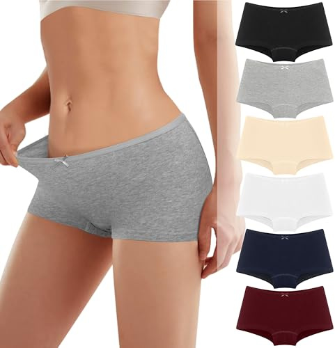 Boxer Femme Coton Shorty Femmes Panty Coton Short Culotte Femme Coton Doux, Elasticité Slips, Culotte Taille Basse sous-vêtements Femme Coton Respirants Slip Hipster Panties Lot de 6 Un S