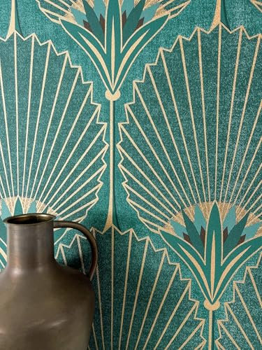 Newroom Tapete Gold Vliestapete Ornamente - Mustertapete Modern Petrol Linien Leicht glänzend Vintage Glamour Retro Elegant inkl. Tapezier-Ratgeber