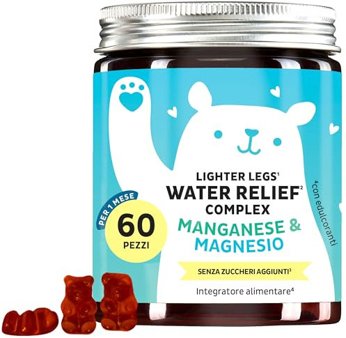 Water Relief Complex - Caramelle Gommose Equilibrio Elettrolitico, Gambe Leggere - Vitamina C, Magnesio, Manganese - 60 pezzi (1 mese) - Senza Zuccheri Aggiunti, Vegan - Bears with Benefits