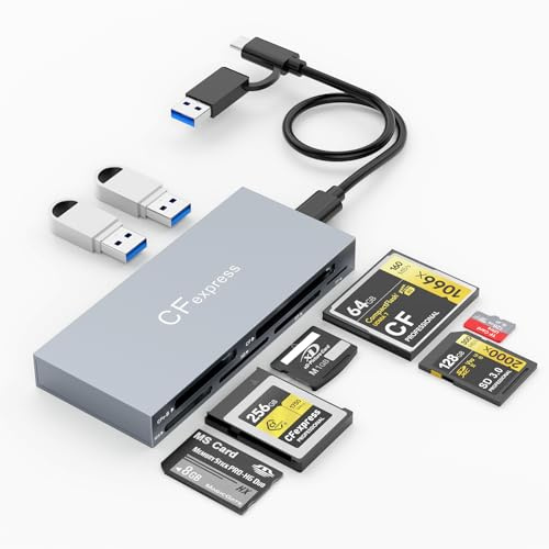 8-en-1 CFexpress B Type Card Reader with 2 10Gbps USB, USB3.2 Gen2 10Gbps CF Express Card Reader Hub for CFexpress B/SD/TF/CF/XD/MS/USB Types, for Windows/Mac/Linux, Reads 8 Ports Simultaneously