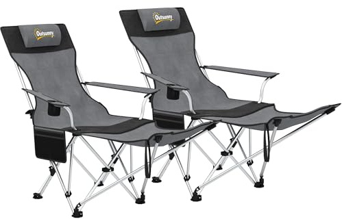 Outsunny Conjunto de 2 Sillas Plegables Camping Tumbonas Camping Portátiles con Reposapiés Desmontable Reposacabezas Portavasos y Bolsa Lateral Carga 120 kg para Jardín Playa Pesca Gris y Negro