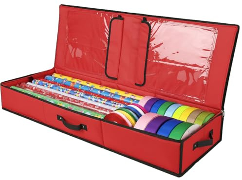 Scatola Porta Carta da Regalo per Compleanni - Organizzatore Rosso Rettangolare con Cerniera, Tasche e Manici - Contiene 24-30 Rotoli - Contenitore Pieghevole e Durevole per Regali - di Mobi Lock