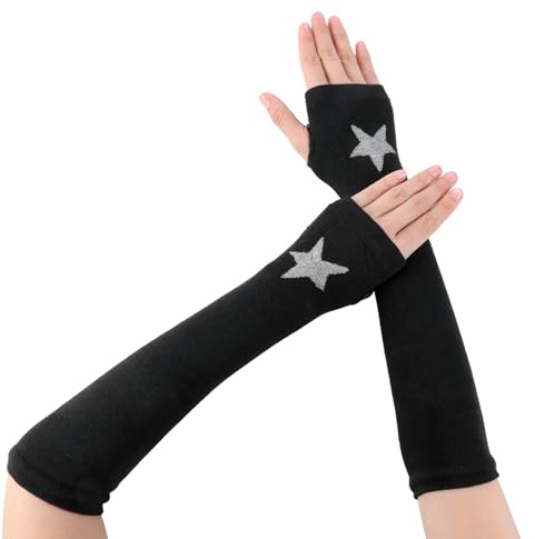 DOPENSPI Black Arm Warmers Women Goth Arm Sleeve Goth, Knitted Star Fingerless Arms Warmers Warm Gloves with Thumb Hole for Party Gloves Music Festival Mittens