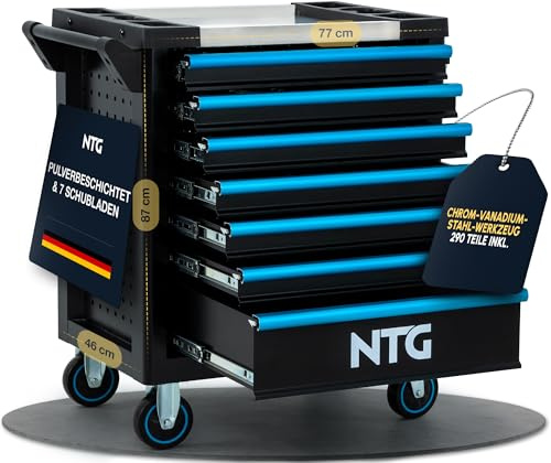 NTG Chariot à outils 7 tiroirs avec 290 pièces d’outil – Servante d’atelier avec verrouillage central, verrouillable, mobile sur roulettes – Coffre à outils professionnel sur roues pour atelier et