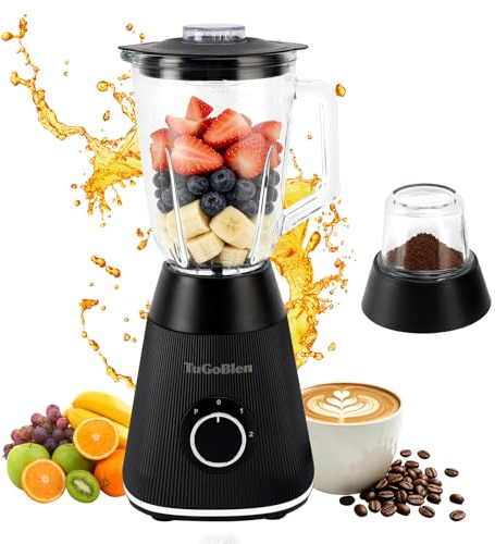 TuGoBlen Food Processor with 51oz Glass Blender Jar & 6.7oz Glass Grinder Cup, Multi-Functional Table Blender for Smoothies, Shakes, Spices, Nuts, Baby Food, Jam