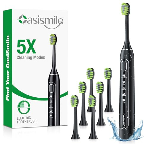 OasiSmile Electric Toothbrush for Adults, 42000 VPM Sonic Toothbrush with 5 Modes for Deep Cleaning, 6 Brush Heads, 100-Day Battery, Rechargeable Toothbrush for Home Travel, 2-Min Timer & Reminder