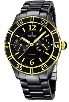 Festina Damen Uhr Analog Edelstahl Keramik Schwarz - Quarzwerk Multifunktion - Mineralglas hochresistent - 5 ATM wasserdicht - Special Prices F16634/2