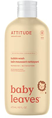ATTITUDE Bubble Body Wash for Baby, EWG Verified, Dermatologically Tested, Plant and Mineral-Based, Vegan, Pear Nectar, 16 Fl Oz