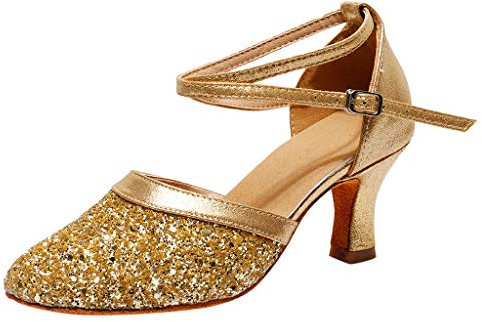 Damen Standard Latein Tanzschuhe Glitzer Mode Elegante Ballsaal Tango Salsa Schuhe Klassische Pumps Brautschuhe Party Hochzeit Weicher Boden Geschlossen Knöchelriemen Celucke (Dunkelgrau, EU41)