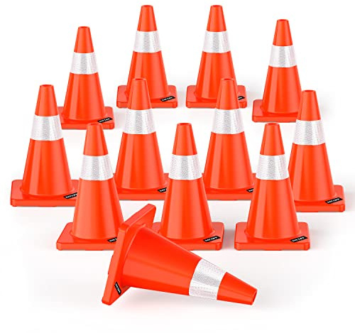 BATTIFE 12 Pack Traffic Safety Cones 18 Inch with Reflective Collars PVC Orange Construction Cones for Home Driveway Road Parking Use