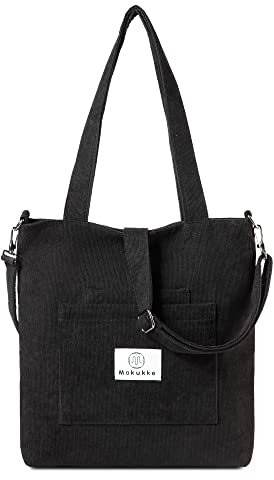 Makukke Umhängetasche Damen - Cord Schultertasche Damen Handtasche, Shopper Damen Henkeltasche für Büro Schule Einkauf Reise (Schwarz)