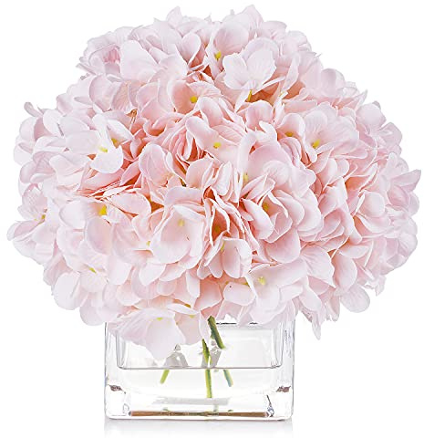 Enova Floral Artificial Flowers Silk Hydrangea Fake Flowers Arrangement in Cube Glass Vase with Faux Water for Home Office Wedding Party Event Decoration (Pink)