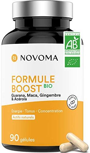 NOVOMA Formula Boost Bio, Integratore Alimentare contro Stress e Stanchezza Mentale, Con Guaranà, Acerola, Maca e Zenzero, Ricco di Caffeina e Vitamina C Bio, 90 Capsule Vegane, Prodotto in Francia