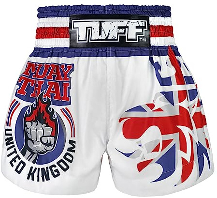 Tuff Sport Pantalones cortos de Muay Thai para boxeo, artes marciales mixtas, kickboxing, estilos tradicionales, Tuf-ms666-wht, Small