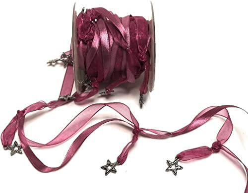 s.dekoda Dekoband 5m x 10mm Beere - Silber Satin - Organza Sterne Schmuckband [4615]