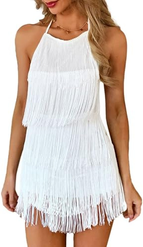 Womens Country Concert Fringe Dress - Western Cowgirl Outfit Backless Halter Elastic Jumpsuit Rodeo Festival Romper(White,M,1074e)
