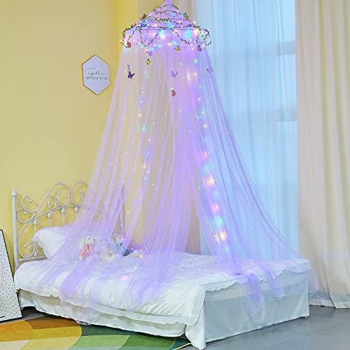 MHJY Betthimmel für Mädchenzimmer, Bettvorhänge mit LED-Lichtern, Moskitonetz, DIY-Prinzessinnen-Raumdekoration mit Sternen, Schmetterlingen für Kinderzimmer