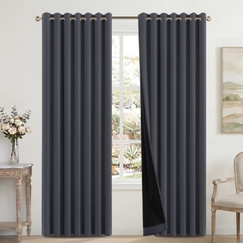 H.Versailtex 100% Blackout Curtains for Bedroom with Black Liner Eyelet Curtains for Living Room Full Room Darkening Thermal Insulated Window Drapes, 2 Panels, 90 x 90 Inch, Charcoal Grey