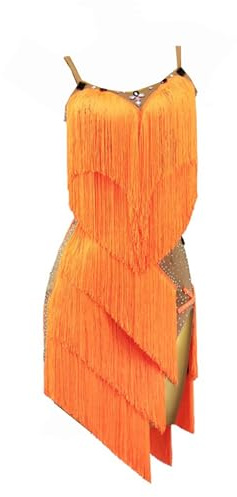 LIUHUO Robe de Danse Latine pour Femme - Pompons - Compétition Performance - Élégante et Dynamique, Orange, Taille M