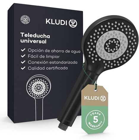 KLUDI-X3 Universellt duschmunstycke vattenbesparande som alternativ (standard 15 l/m, tillval 9 l/min), duschdusch med 3 stråltyper (kropp, hår, skinn), lätt att rengöra duschhuvud Ø 11,7 cm, svart