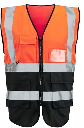 Expert Workwear Hi Vis Viz Zipped Executive Vest High Visibility Two Tone Reflective Safety Waistcoat Jacket Mobile Phone Pocket & ID Holder (UK, Alpha, M, Regular, Regular, Orange/Black)