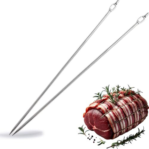 Kerafactum Set di 2 spilli dritti, ago per arrosti, 20 cm, in acciaio inox, grande campo di raccolta per strisce di pancetta, diametro 3 mm, perfetto per bardare carne e arrostire