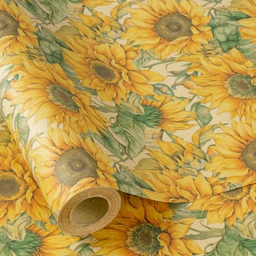 RUSPEPA Rotolo Di Carta Da Regalo Girasole Per Donne E Bambine,Con Motivo Acquerello Di Girasole, Carta Da Regalo Kraft Floreale Autunnale Per Compleanno, Ringraziamento,Regali Autunnali, 43,2Cm X 5M