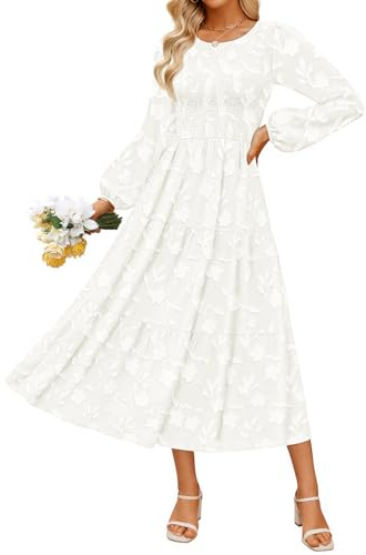 ZESICA Women's Fall Boho Floral Midi Dress 2026 Casual Long Sleeve Crewneck Flowy Wedding Guest Long Dresses,White,Small