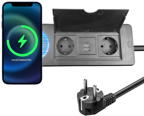 Sänkbart uttag USB C PD 20 W och 15 W trådlös laddning, installation grenuttag 2 fack bordsuttag inbyggt uttag bordsskiva för kontor skrivbord kök, svart 1,5 m kabel